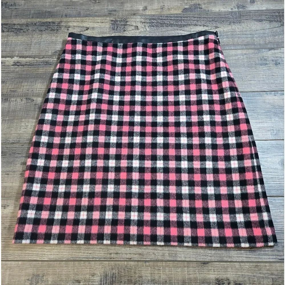Talbots Pink Gray Black checked plaid skirt faux leather trim Valentines ❤️size8